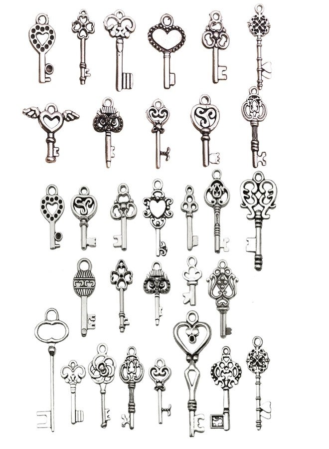 BdelrinQue 31Pcs Silver Small Old Keys, Unique Key Pendant for Necklace and Keychain, Vintage Jewelry Key Charm for DIY Crafts, Assorted Key Shapes Like Heart and Clover, Perfect for Personalized Gifts - Image 1